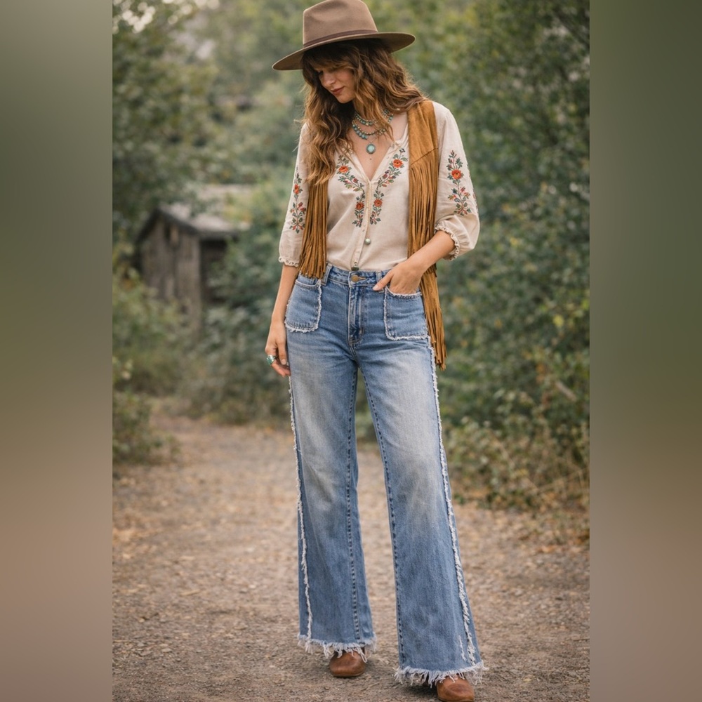 Vintage 1970s Light Blue Frayed Wide-Leg Jeans